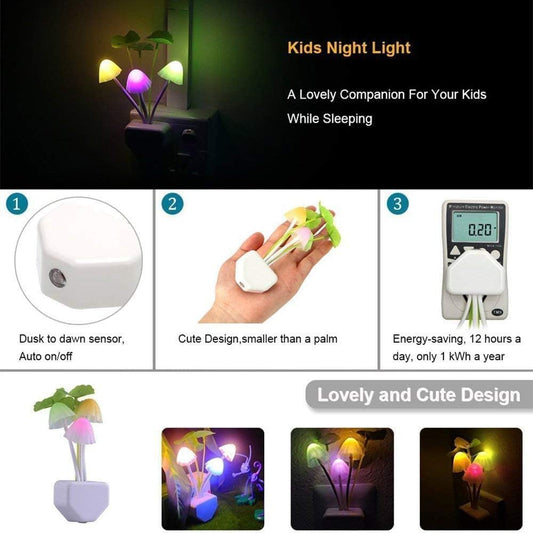 LED Mushroom Night Light with Auto Dusk to Dawn Sensor | Plug-in Color Changing Lamp for Kids Bedroom & Home | Energy Saving