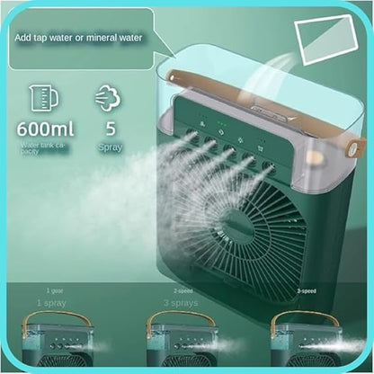 Portable Mini Air Cooler Fan with 5 Mist Spray & LED Light | Personal Desk AC Table Fan for Home Office & Kitchen
