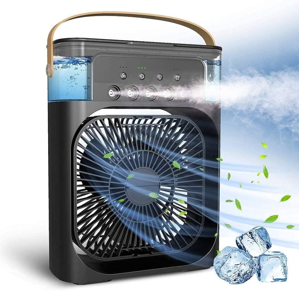 Portable Mini Air Cooler Fan with 5 Mist Spray & LED Light | Personal Desk AC Table Fan for Home Office & Kitchen
